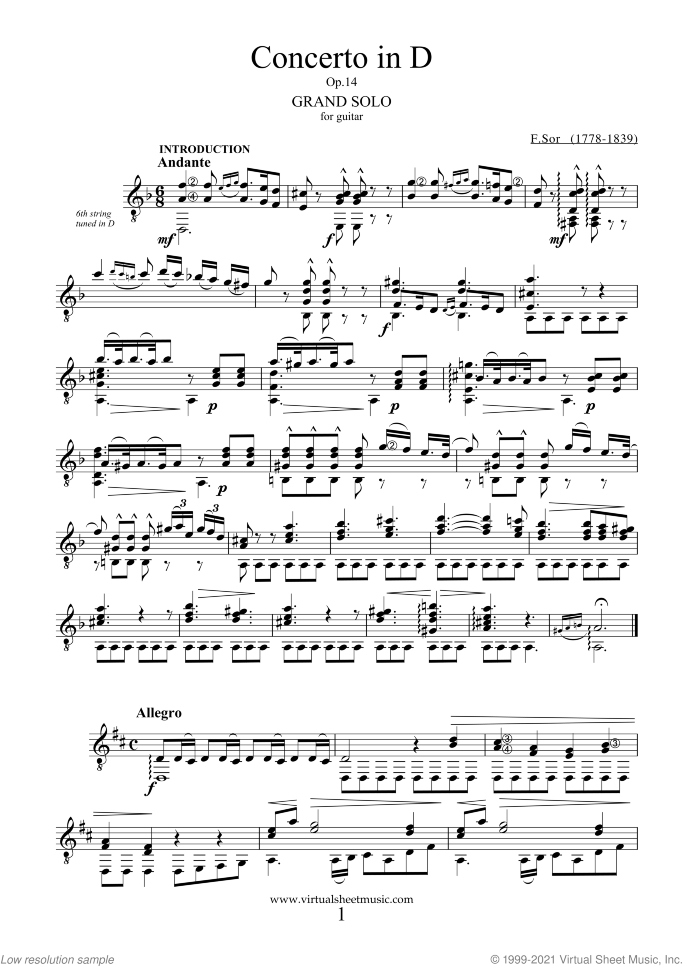 Concerto in D sheet music for guitar solo by Fernando Sor, classical score, intermediate/advanced skill level