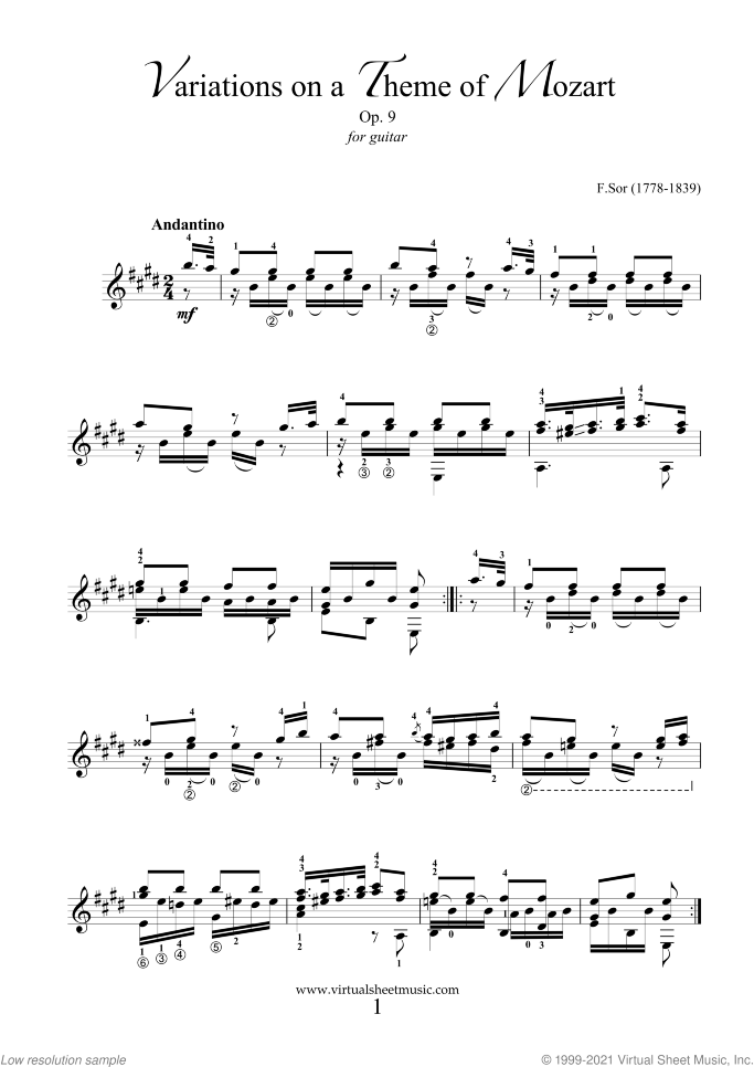 Variations On A Theme Of Mozart Op.9 sheet music for guitar solo by Fernando Sor, classical score, intermediate skill level