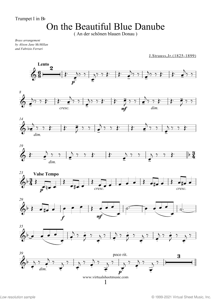 The Blue Danube (parts) sheet music for brass quintet by Johann Strauss, Jr., classical score, intermediate/advanced skill level