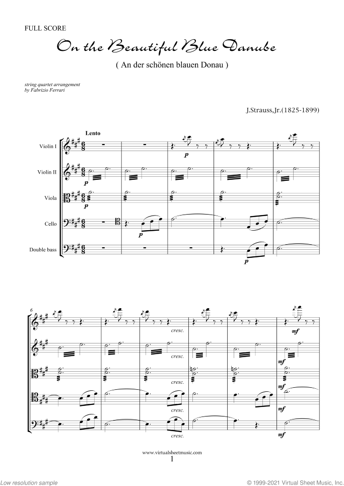 The Blue Danube (f.score) sheet music for string quintet (quartet) or string orchestra by Johann Strauss, Jr., classical score, intermediate skill level