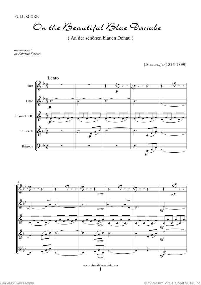 The Blue Danube (f.score) sheet music for wind quintet by Johann Strauss, Jr., classical score, intermediate/advanced skill level