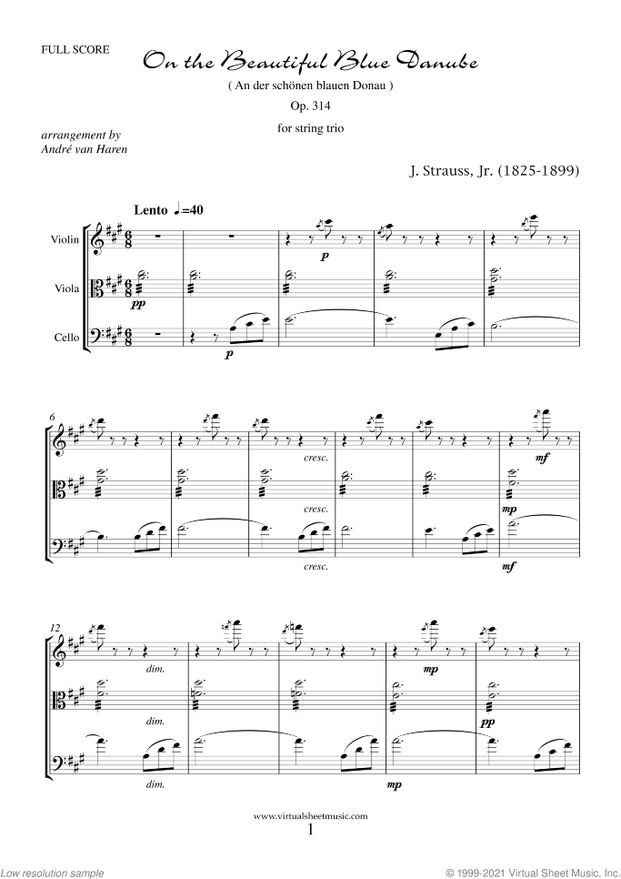 The Blue Danube (f.score) sheet music for string trio by Johann Strauss, Jr., classical score, intermediate/advanced skill level