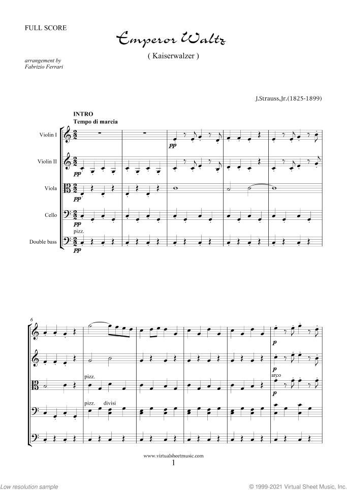 Emperor Waltz (f.score) sheet music for string quintet (quartet) or string orchestra by Johann Strauss, Jr., classical score, intermediate skill level