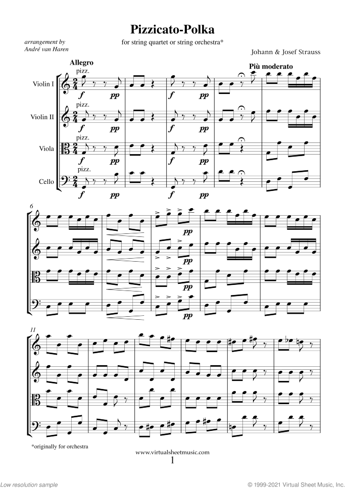 Pizzicato Polka (NEW EDITION) (f.score) sheet music for string quartet or string orchestra by Johann Strauss, Jr., classical score, intermediate skill level