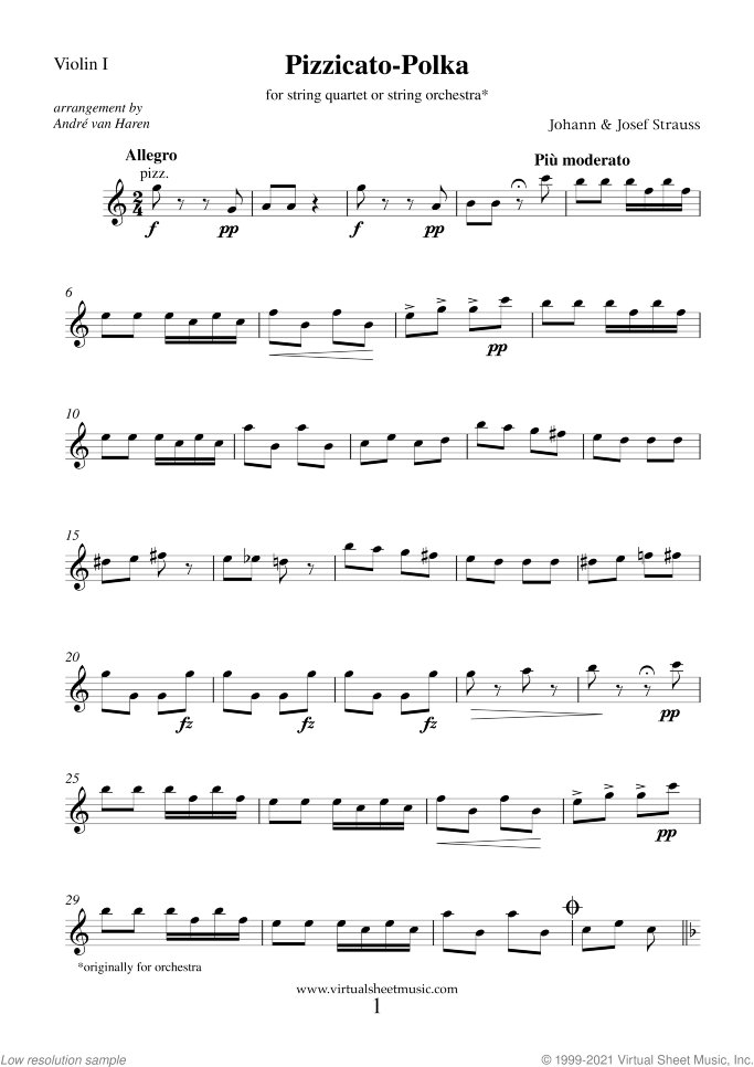 Pizzicato Polka (NEW EDITION) (COMPLETE) sheet music for string quartet or string orchestra by Johann Strauss, Jr., classical score, intermediate skill level