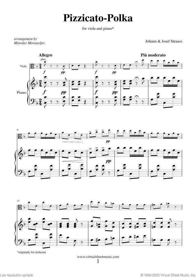 Pizzicato Polka sheet music for viola and piano by Johann Strauss, Jr., classical score, intermediate skill level
