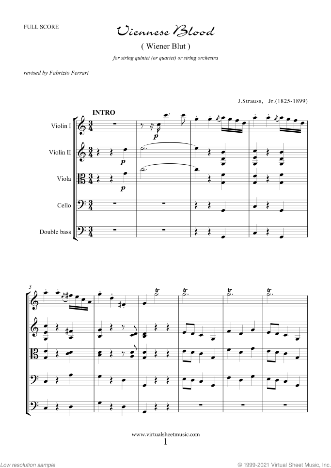 Viennese Blood (f.score) sheet music for string quintet (quartet) or string orchestra by Johann Strauss, Jr., classical score, intermediate skill level