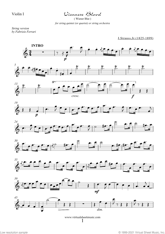 Viennese Blood (parts) sheet music for string quintet (quartet) or string orchestra by Johann Strauss, Jr., classical score, intermediate skill level