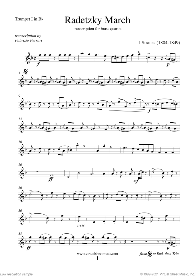 Radetzky March (parts) (NEW EDITION) sheet music for brass quartet by Johann Strauss, classical score, intermediate/advanced skill level