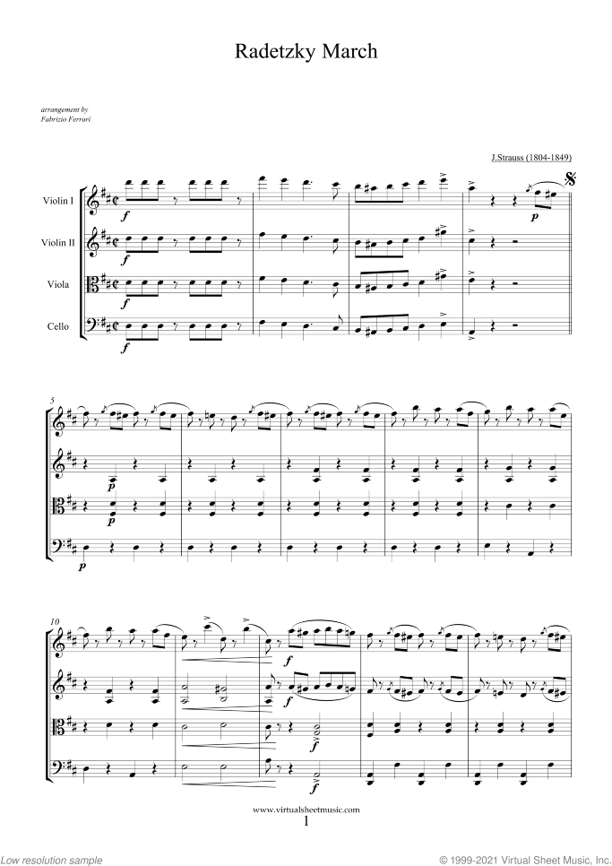 Radetzky March (f.score) sheet music for string quartet by Johann Strauss, classical score, intermediate skill level