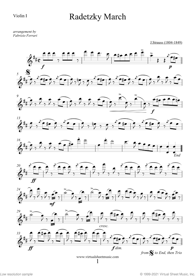 Radetzky March (parts) sheet music for string quartet by Johann Strauss, classical score, intermediate skill level