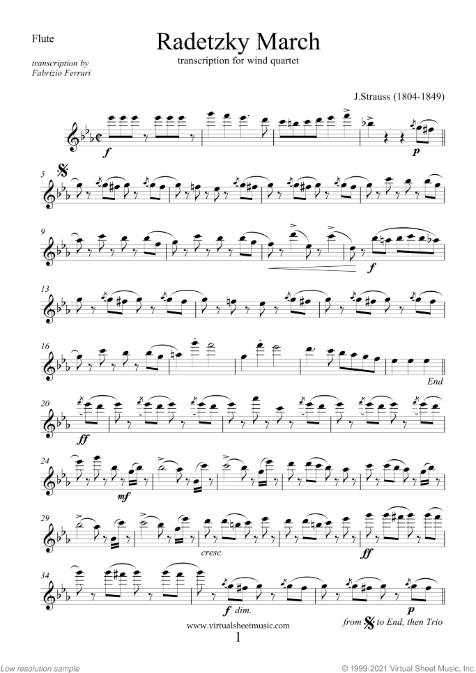 Radetzky March (COMPLETE) sheet music for wind quartet by Johann Strauss, classical score, intermediate skill level