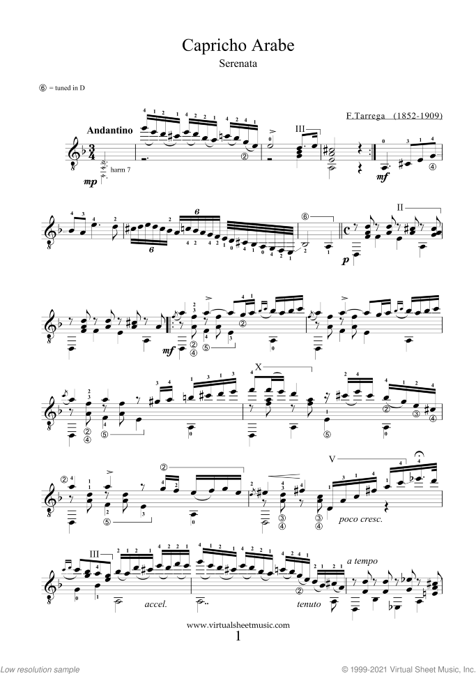 Capricho Arabe and Recuerdos de la Alhambra sheet music for guitar solo by Francisco Tarrega, classical score, intermediate/advanced skill level
