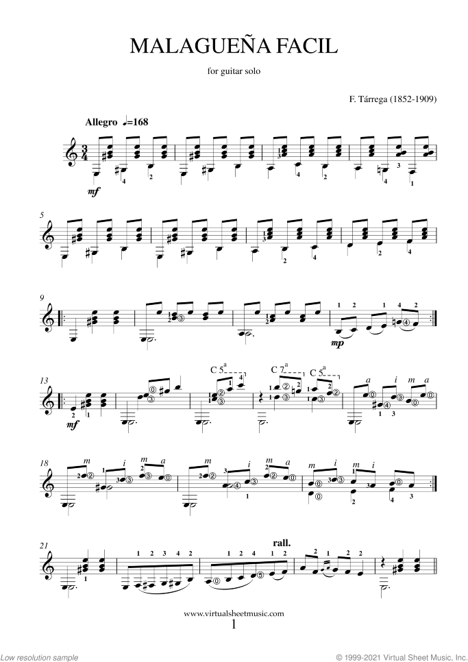 Malaguena Facil sheet music for guitar solo by Francisco Tarrega, classical score, intermediate skill level