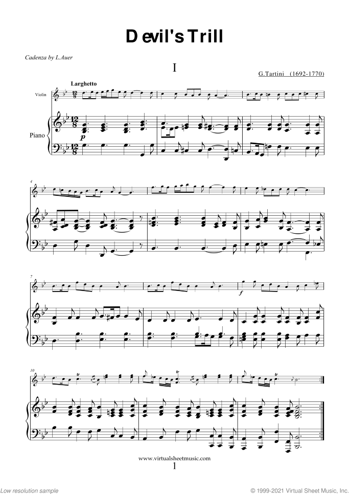 Devil's Trill Sonata sheet music for violin and piano by Giuseppe Tartini, classical score, advanced skill level