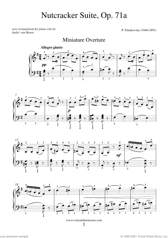 Nutcracker Suite (easy) sheet music for piano solo by Pyotr Ilyich Tchaikovsky, classical score, easy skill level