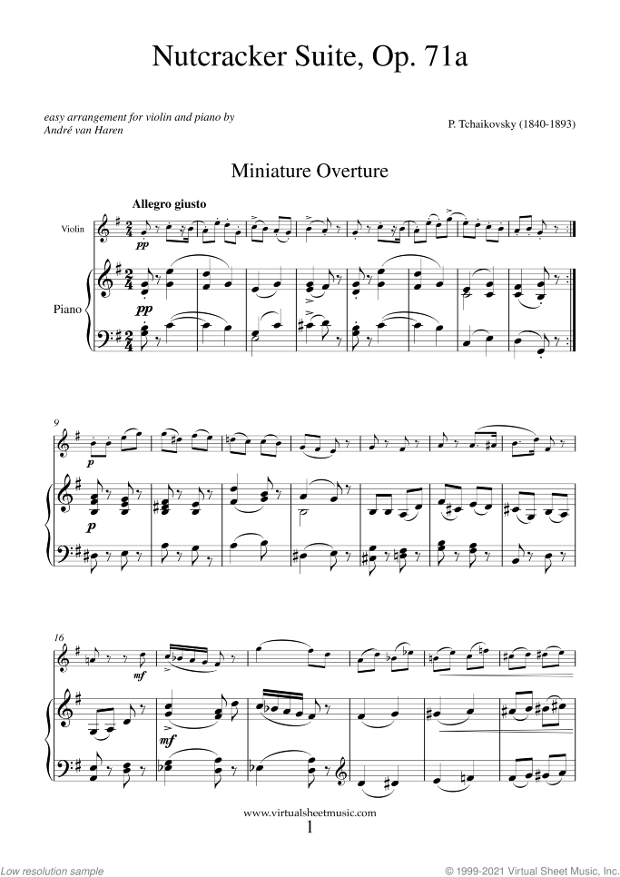 Nutcracker Suite (Simplified) sheet music for violin and piano by Pyotr Ilyich Tchaikovsky, classical score, easy/intermediate skill level