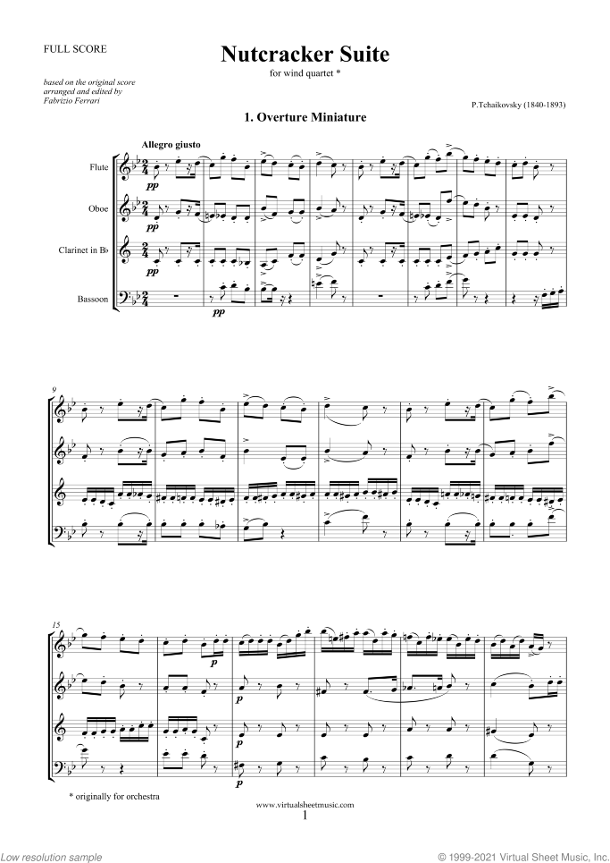 Nutcracker Suite (f.score) sheet music for wind quartet by Pyotr Ilyich Tchaikovsky, classical score, intermediate/advanced skill level