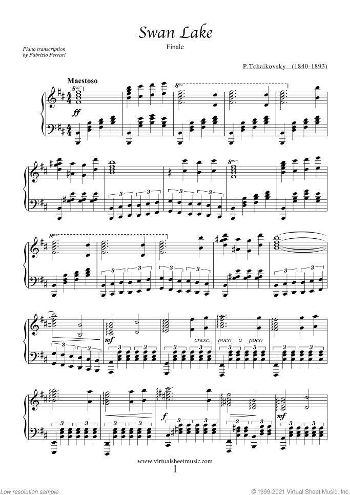 Swan Lake (Finale) sheet music for piano solo by Pyotr Ilyich Tchaikovsky, classical score, easy/intermediate skill level
