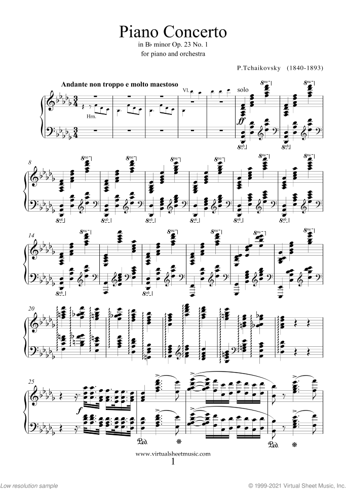 Concerto in Bb minor Op.23 No.1 sheet music for piano and orchestra by Pyotr Ilyich Tchaikovsky, classical score, advanced skill level