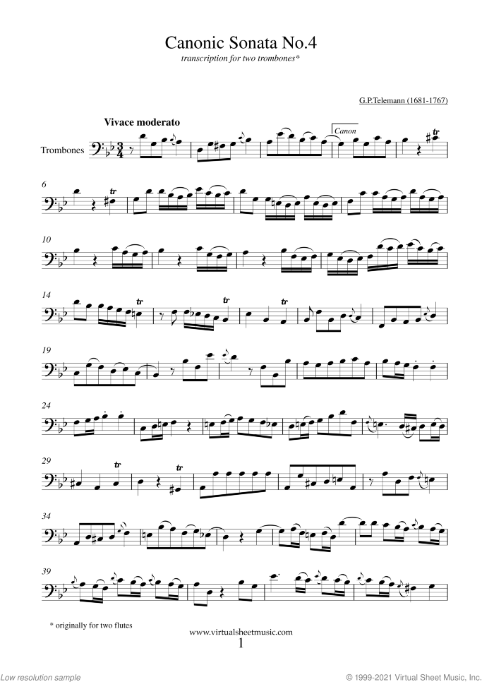 Canonic Sonatas sheet music for two trombones by Georg Philipp Telemann, classical score, easy/intermediate duet