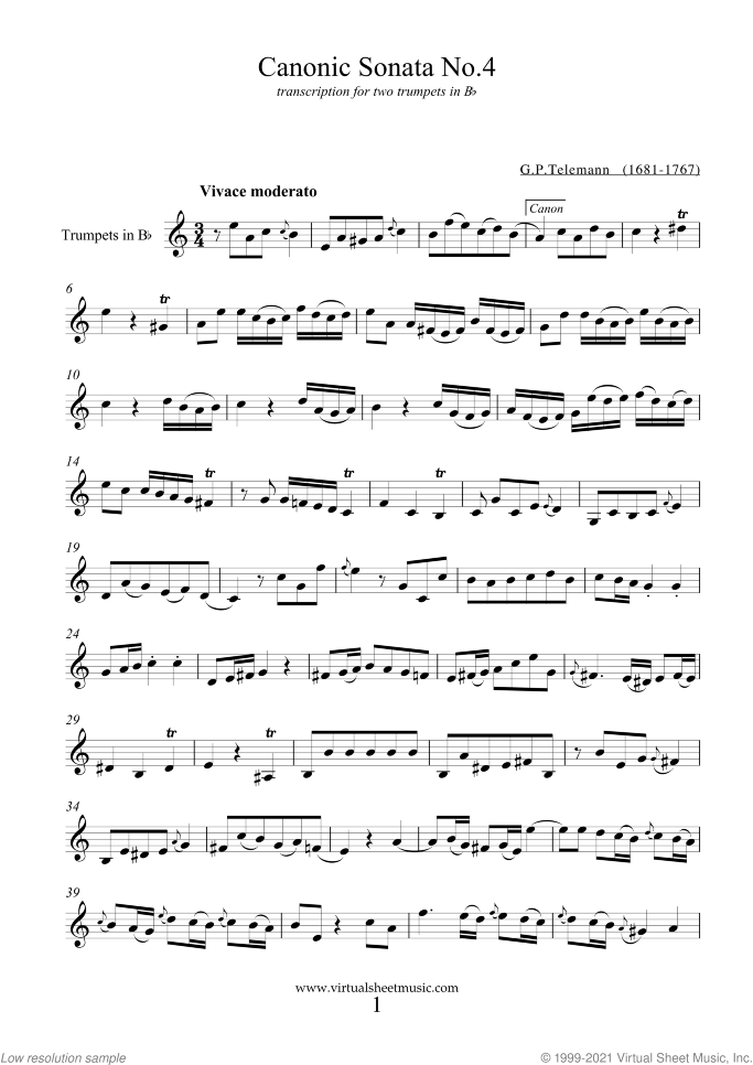 Canonic Sonatas sheet music for two trumpets by Georg Philipp Telemann, classical score, intermediate duet