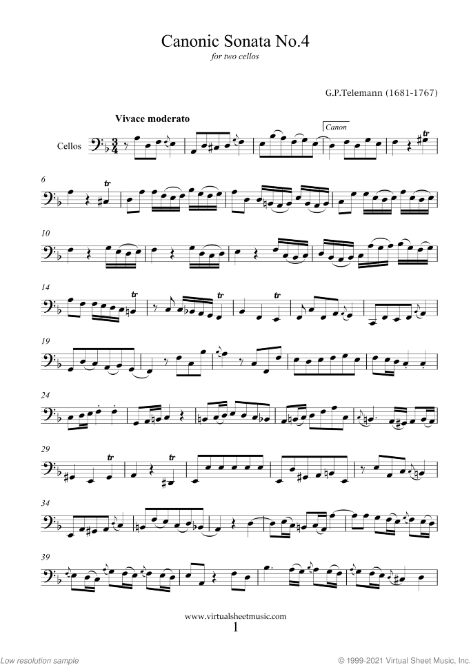 Canonic Sonatas sheet music for two cellos by Georg Philipp Telemann, classical score, intermediate duet