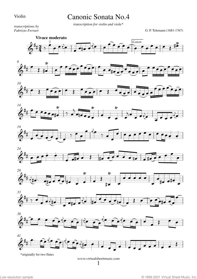 Canonic Sonatas sheet music for violin and viola by Georg Philipp Telemann, classical score, intermediate duet