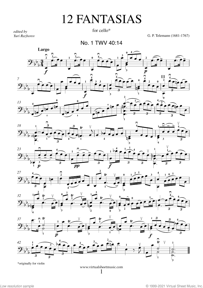 Fantasias sheet music for cello solo by Georg Philipp Telemann, classical score, intermediate skill level