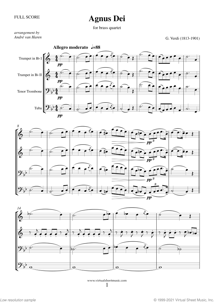 Agnus Dei (f.score) sheet music for brass quartet by Giuseppe Verdi, intermediate skill level