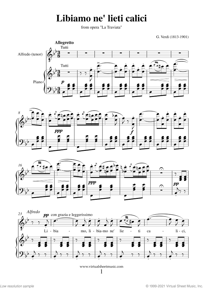 Libiamo ne' lieti calici (Drinking Song) sheet music for tenor and piano by Giuseppe Verdi, classical score, intermediate skill level
