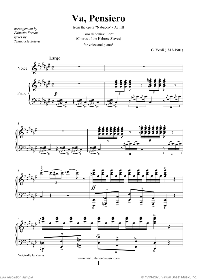 Va sheet music for voice and piano by Giuseppe Verdi, classical score, advanced skill level