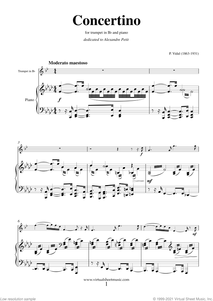 Concertino sheet music for trumpet and piano by Paul Antonin Vidal, classical score, intermediate skill level