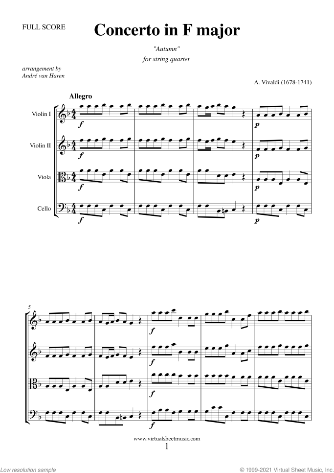 Concerto "Autumn" (f.score) sheet music for string quartet by Antonio Vivaldi, classical score, advanced skill level