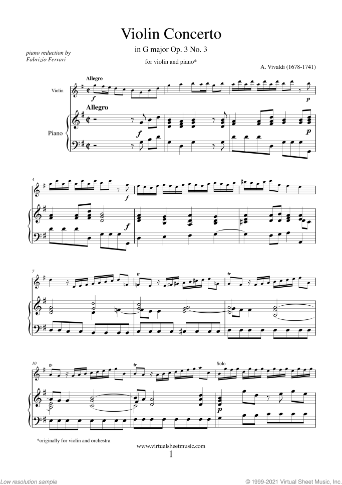 Concerto in G major Op.3 No.3 sheet music for violin and piano by Antonio Vivaldi, classical score, easy/intermediate skill level