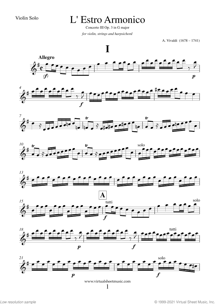 Concerto in G major Op.3 No.3 (parts) sheet music for violin, strings and harpsichord by Antonio Vivaldi, classical score, intermediate orchestra
