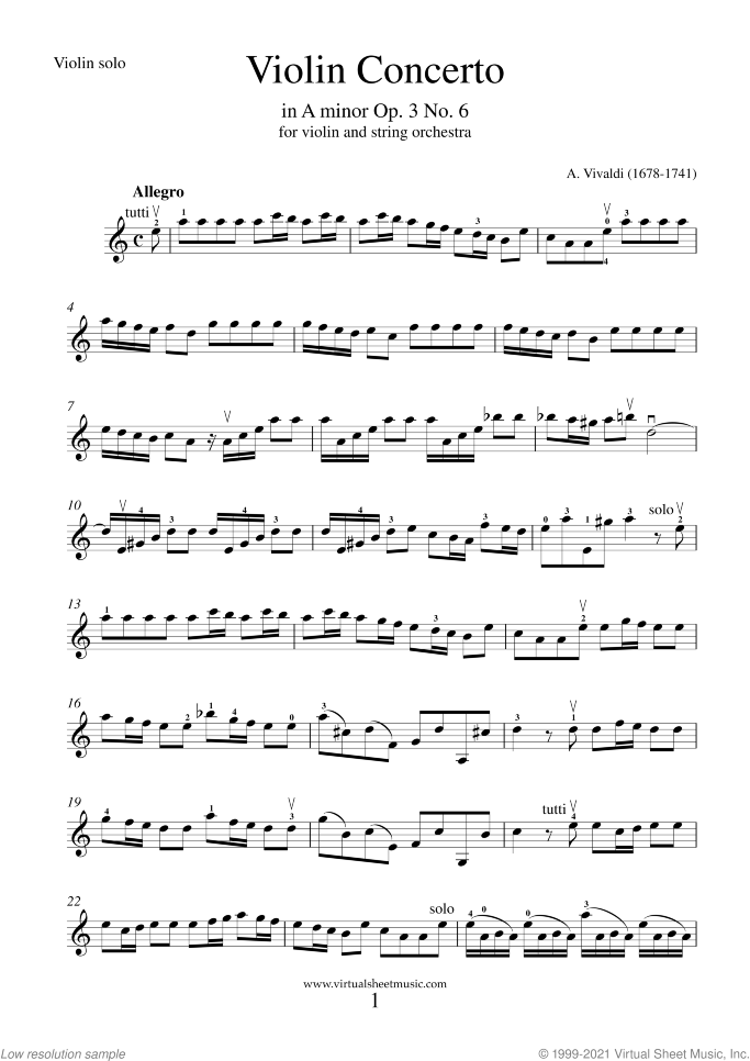Concerto in A minor Op.3 No.6 (parts) sheet music for string orchestra by Antonio Vivaldi, classical score, intermediate skill level