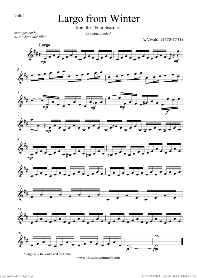 Largo from Winter (parts) sheet music for string quintet or string orchestra by Antonio Vivaldi, classical score, intermediate skill level