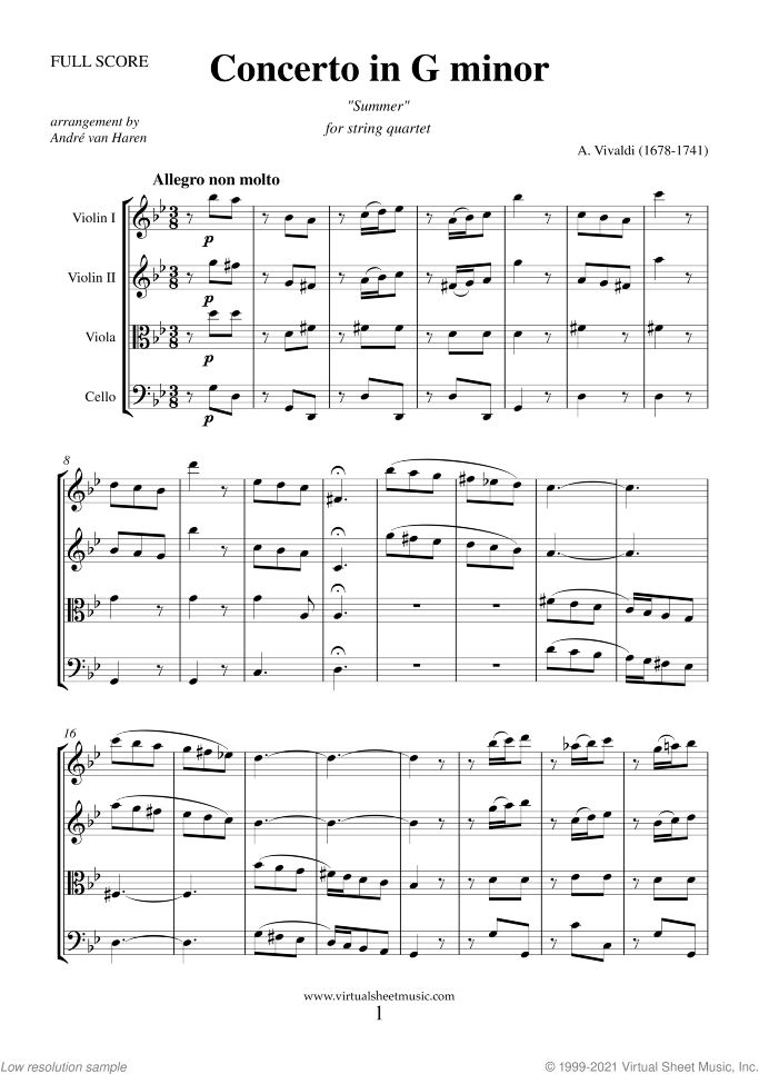 Concerto "Summer" (f.score) sheet music for string quartet by Antonio Vivaldi, classical score, advanced skill level