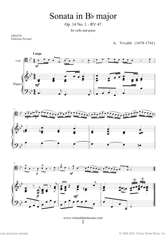 Sonata in Bb major Op.14 No.1 sheet music for cello and piano by Antonio Vivaldi, classical score, intermediate skill level
