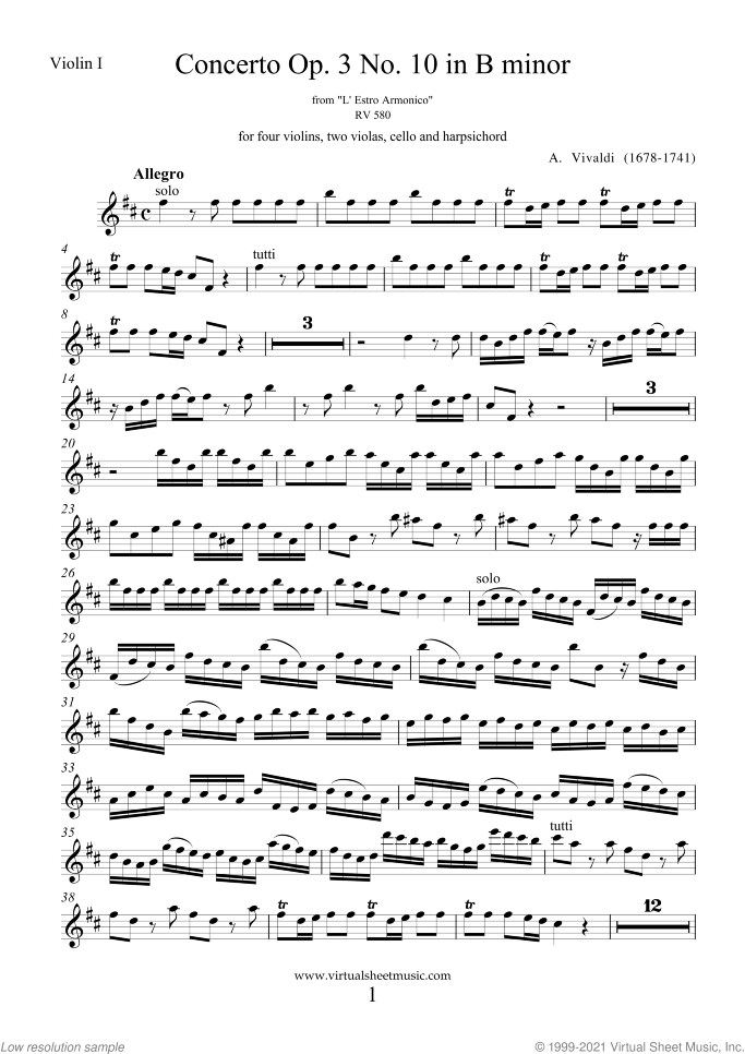 Concerto in B minor Op.3 No.10 RV 580 (parts) sheet music for four violins, strings and harpsichord by Antonio Vivaldi, classical score, intermediate/advanced skill level