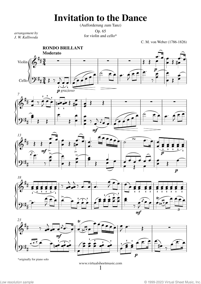 Invitation to the Dance Op. 65 sheet music for violin and cello by Carl Maria Von Weber, classical score, intermediate duet