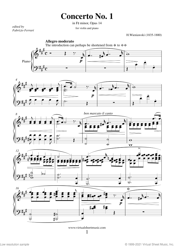 Concerto No.1 Op.14 in F sharp minor sheet music for violin and piano by Henry Wieniawski, classical score, advanced skill level