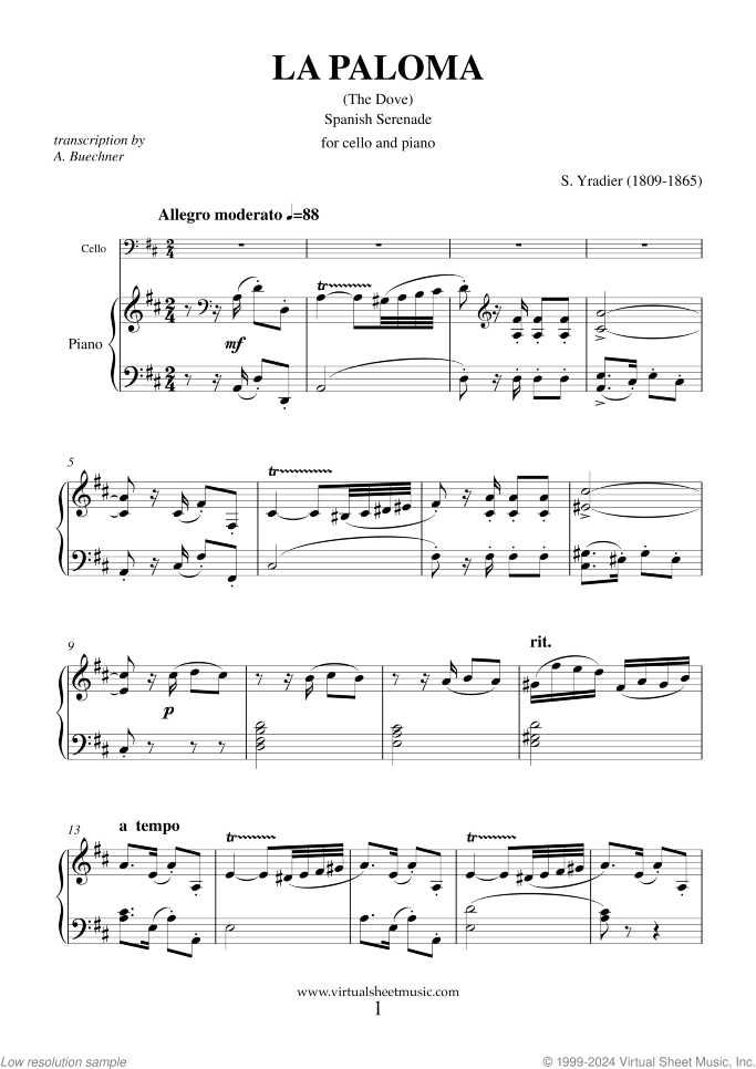 La Paloma sheet music for cello and piano by Sebastian Yradier, classical score, easy/intermediate skill level