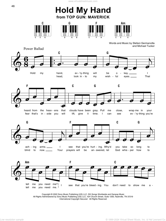 Gaga Hold My Hand From Top Gun Maverick Beginner Sheet Music