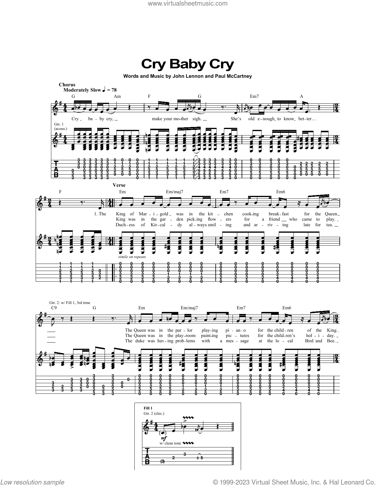 Cry Baby Cry Sheet Music For Guitar Tablature PDF