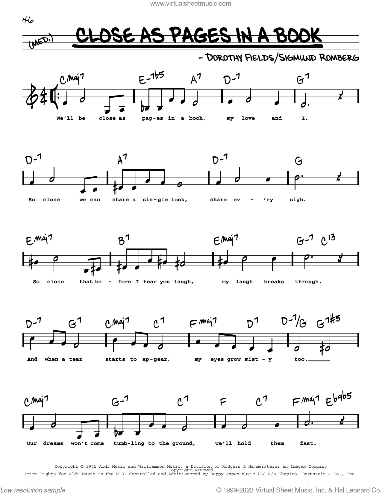 Close As Pages In A Book Low Voice Sheet Music Real Book With Lyrics