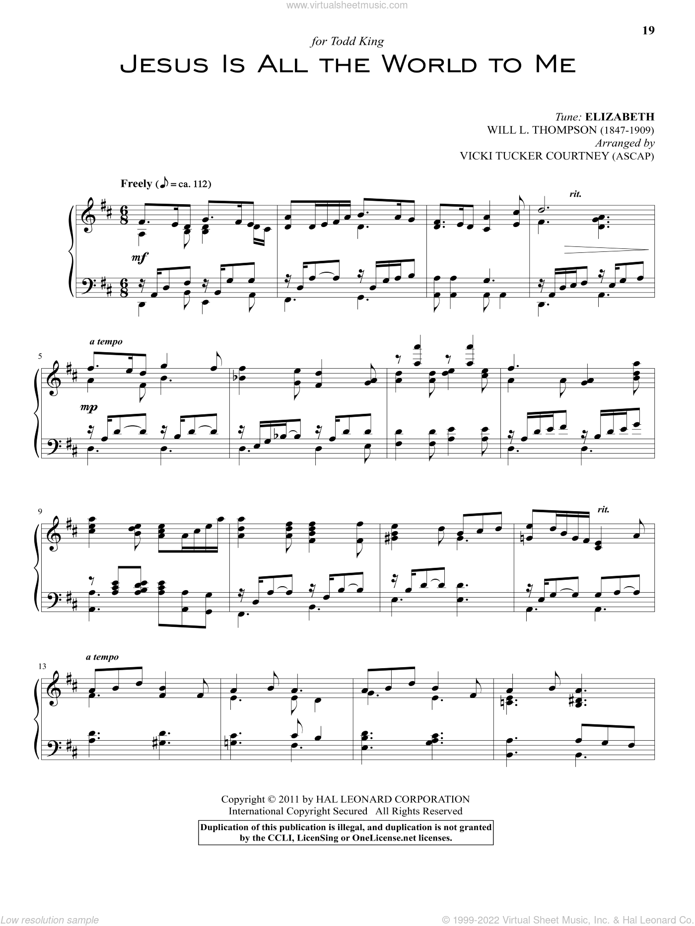 Thompson Jesus Is All The World To Me Sheet Music For Piano Solo