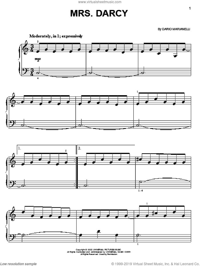 Mrs Darcy From Pride And Prejudice Easy Sheet Music For Piano Solo