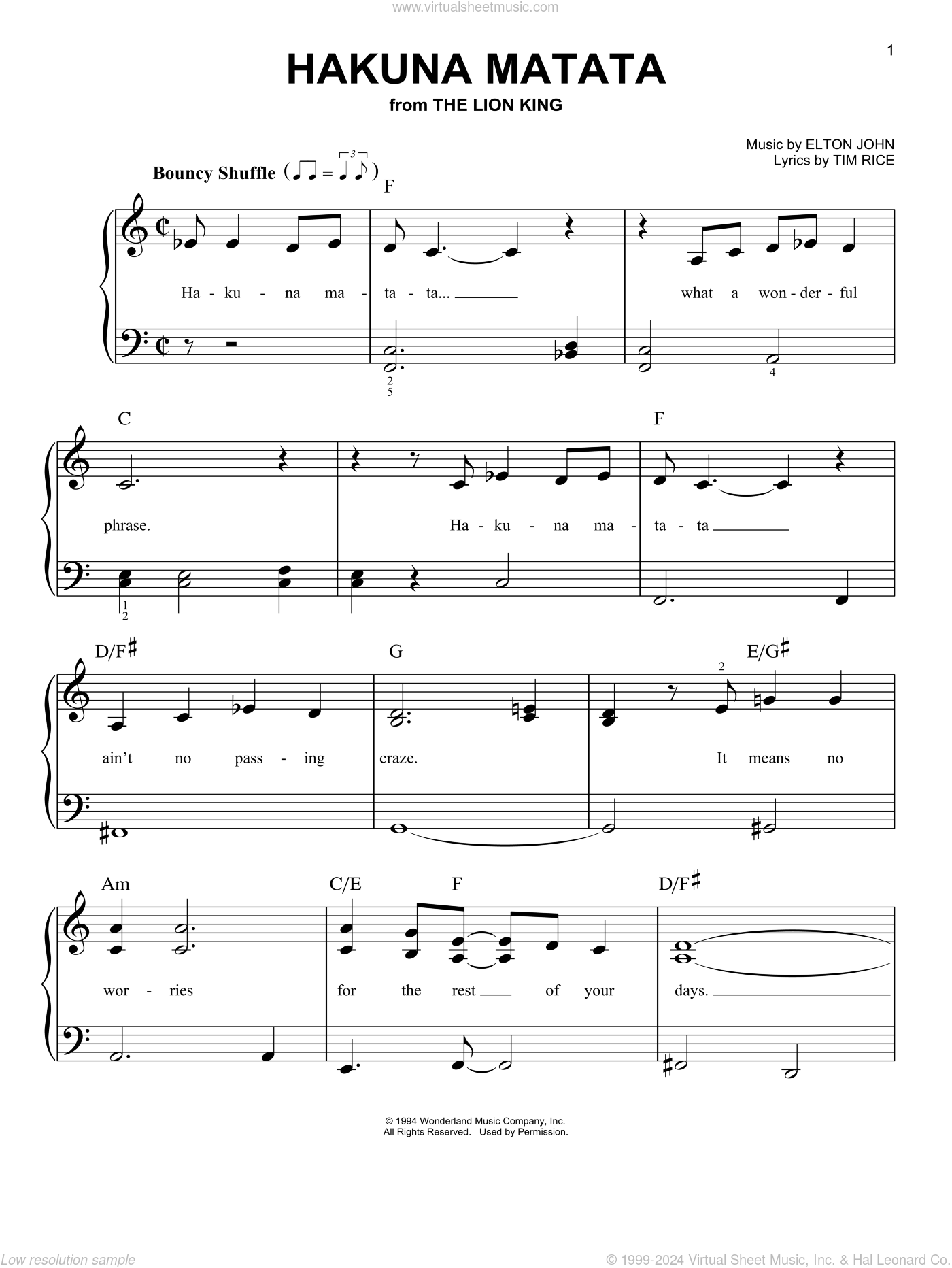 John Hakuna Matata From The Lion King Beginner Sheet Music For